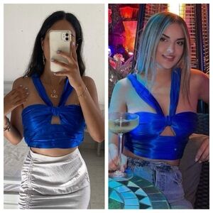 NWT Zara Blue Cutout Draped Top S Satin Halter Crop